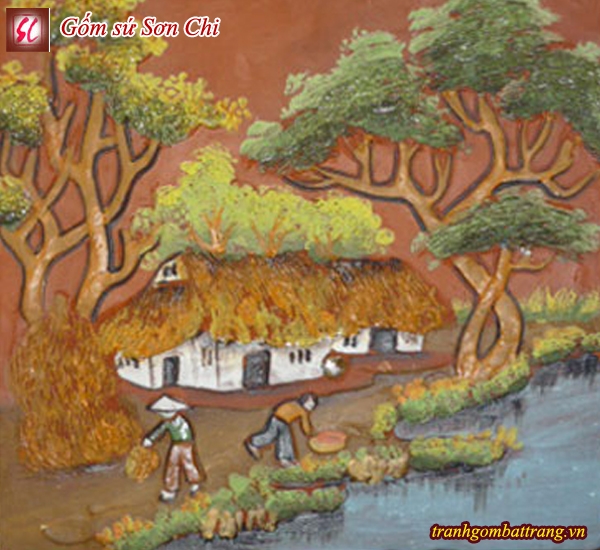 Tranh Gốm Bát Tràng cảnh đồng quê